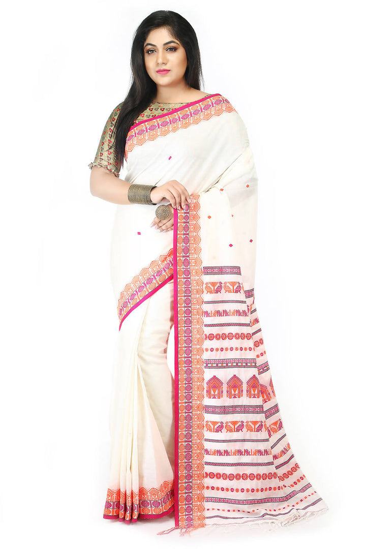 Handloom bengal white and red cotton saree