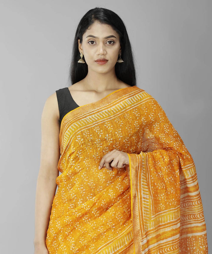 Yellow bagru handblock printed linen saree
