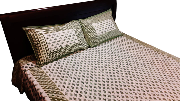 Green off white hand block printed cotton bedsheet with pillow cover
