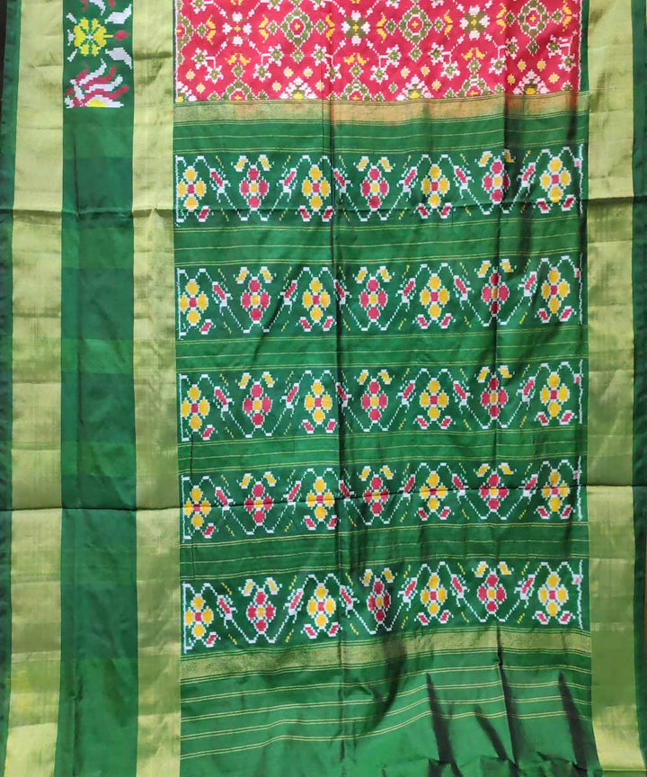 Crimson red dark green handloom silk pochampally ikat saree