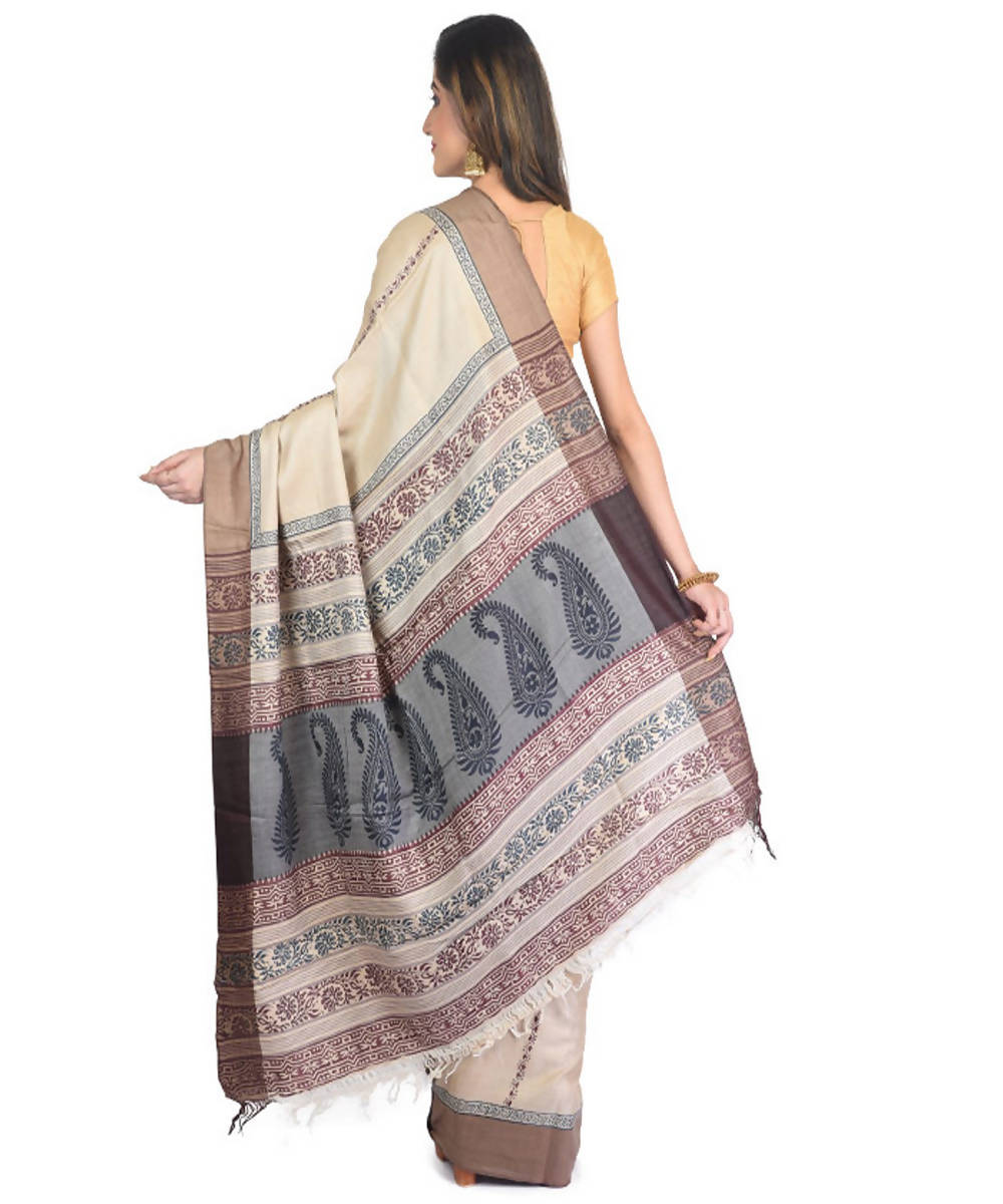 Beige brown handblock printed eri silk saree