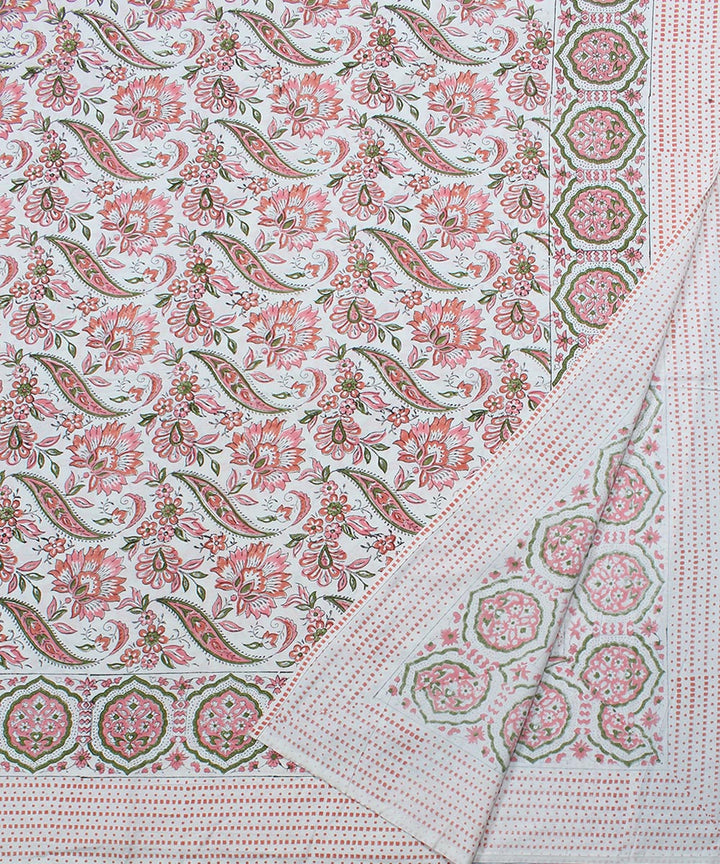 White pink cotton floral hand block print bedsheet