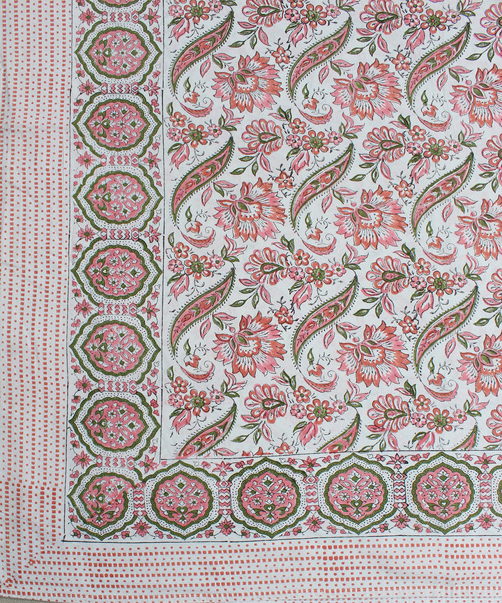 White pink cotton floral hand block print bedsheet