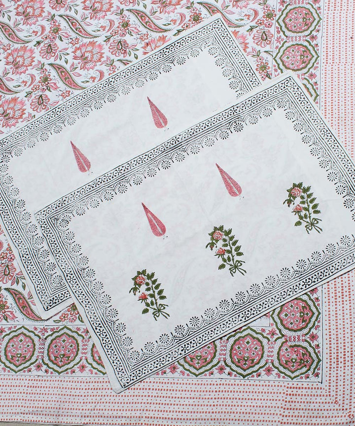 White pink cotton floral hand block print bedsheet