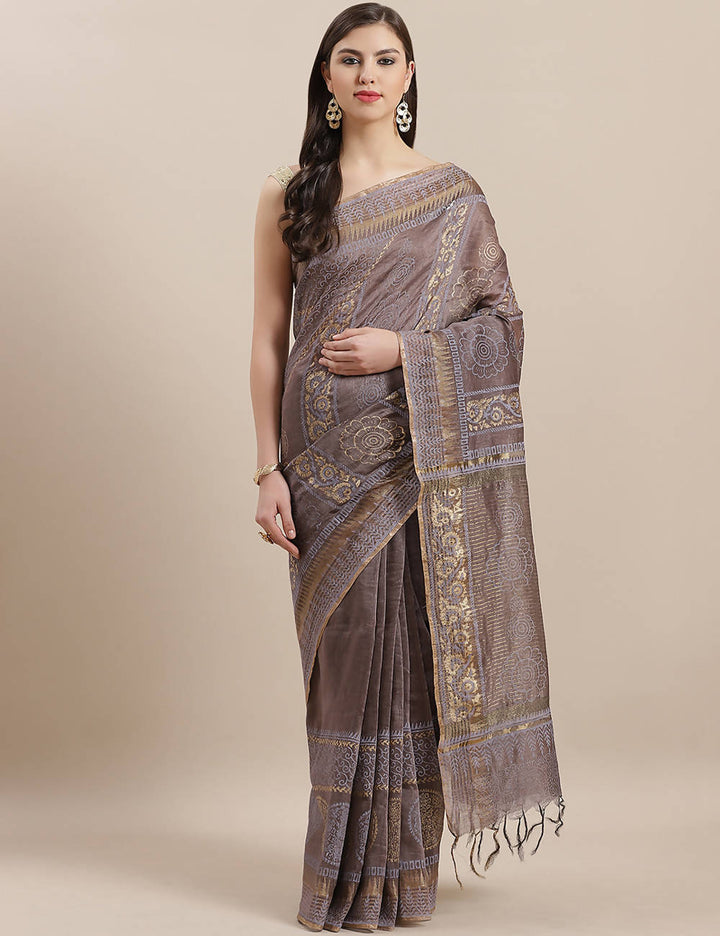 Brown golden handwoven linen printed saree