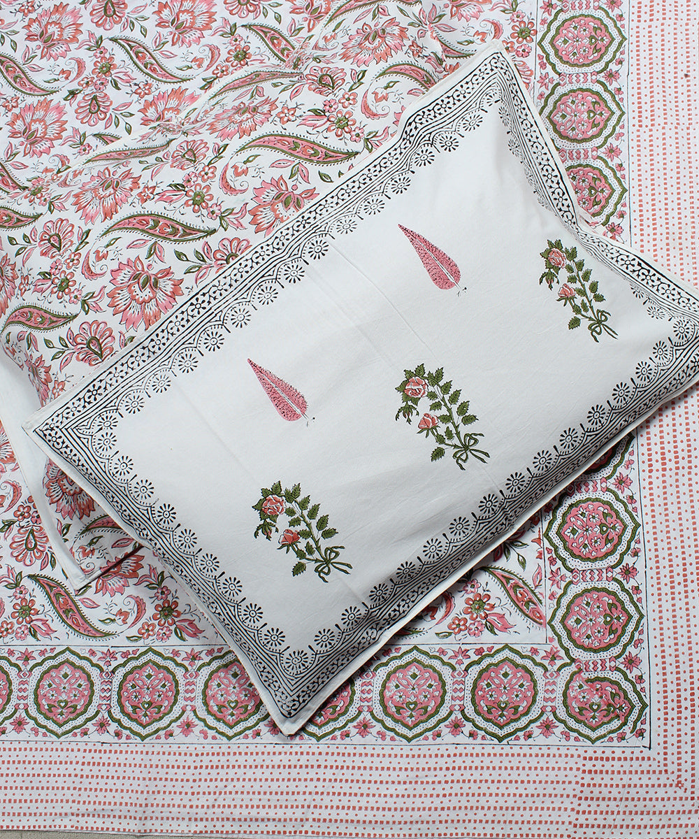 White pink cotton floral hand block print bedsheet