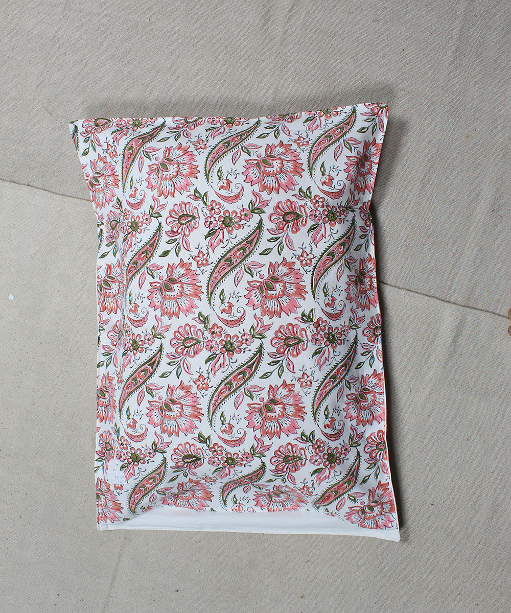 White pink cotton floral hand block print bedsheet