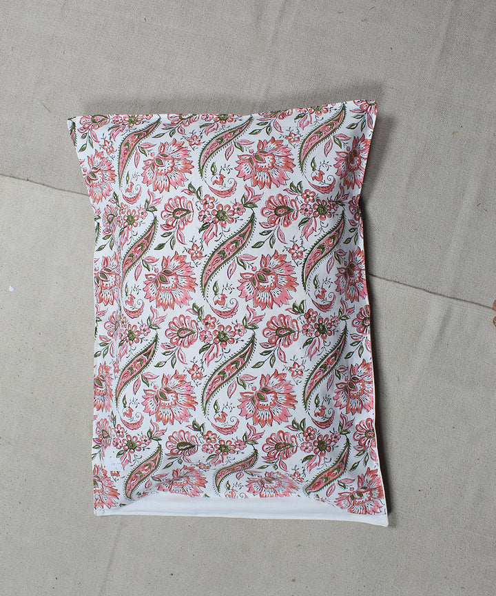 White pink cotton floral hand block print bedsheet