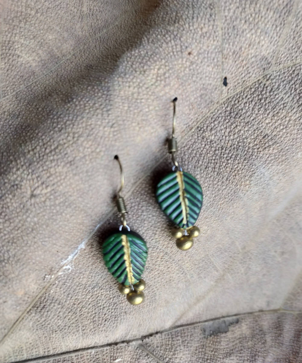 handcrafted clay leaf green earthen earring drops