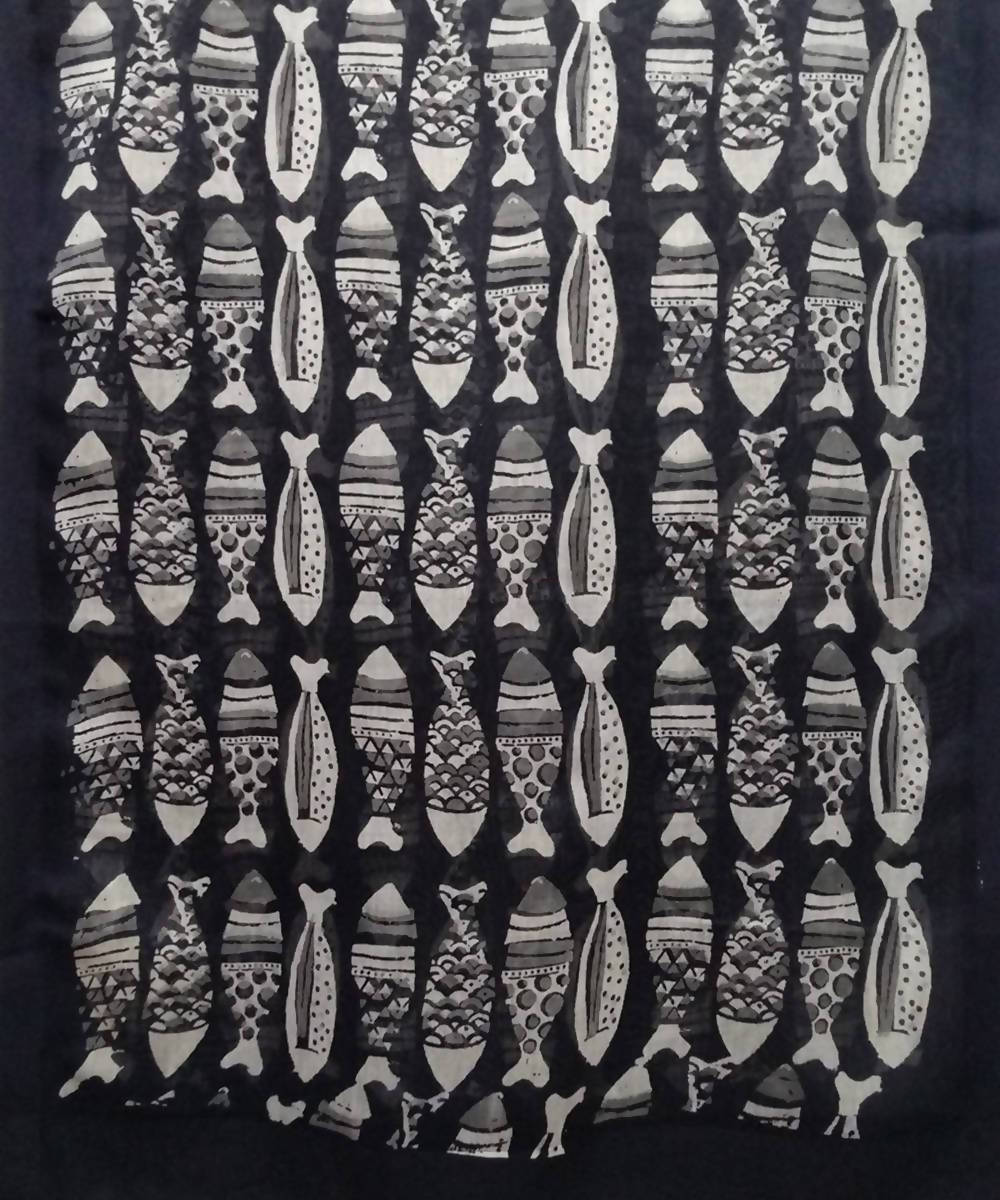 Black white handblock fish motif printed sico stole