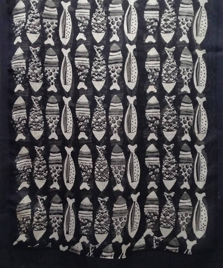 Black white handblock fish motif printed sico stole
