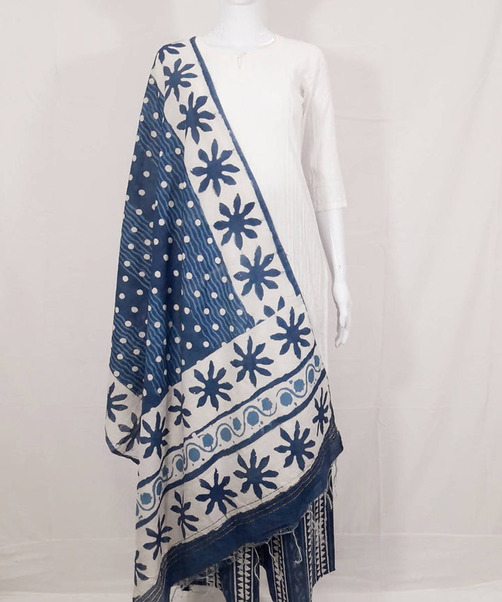 White indigo cotton kurta and pant set with dupatta