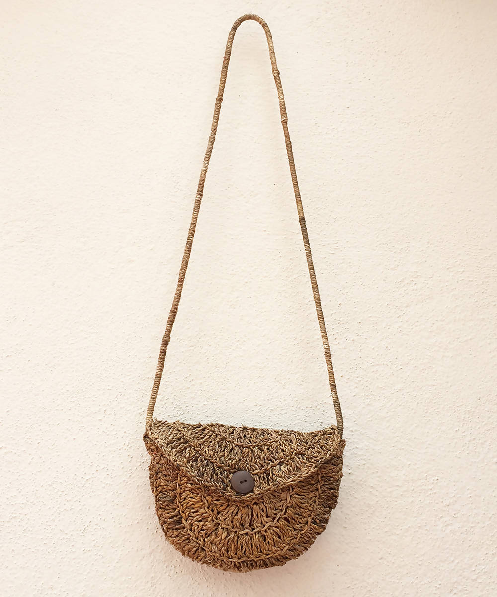 Half moon shaped banana fibre handmade crochet sling bag