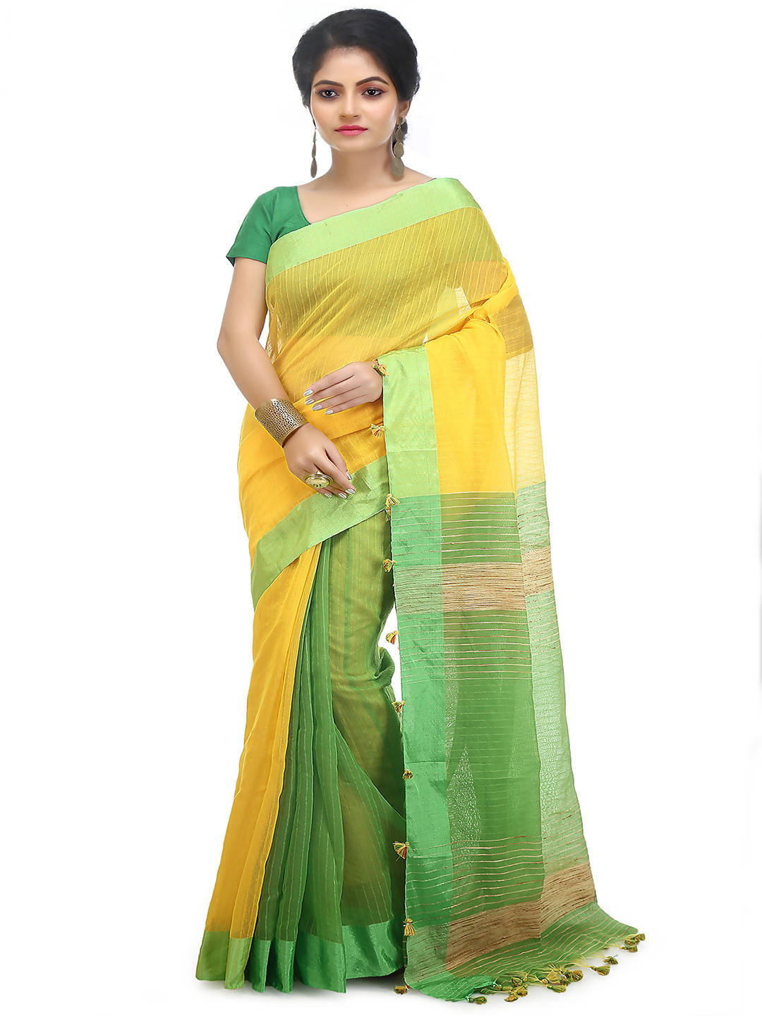 Yellow green bengal handloom cotton blend saree