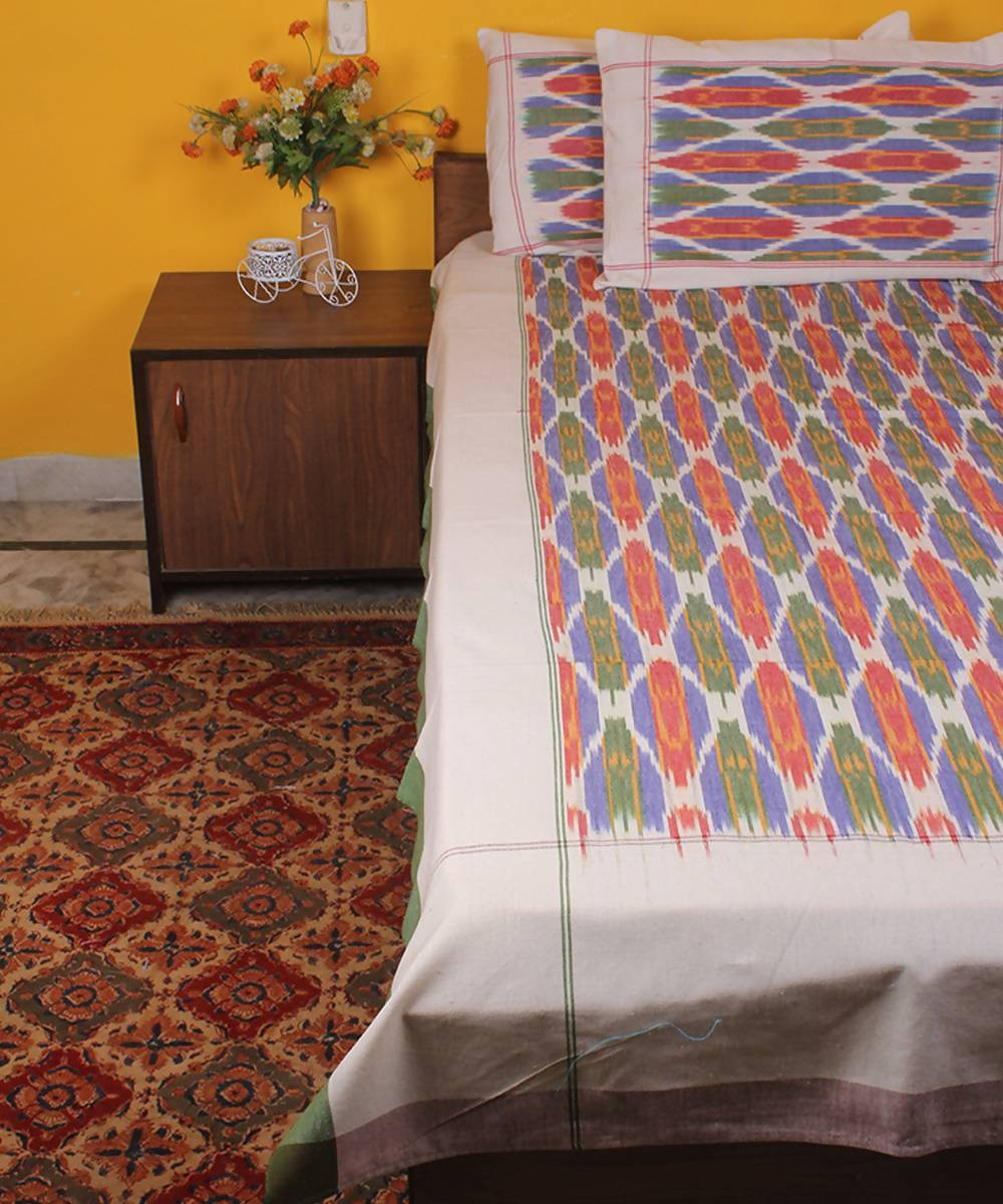 Green Orange Handwoven Ikat Cotton Bedsheet