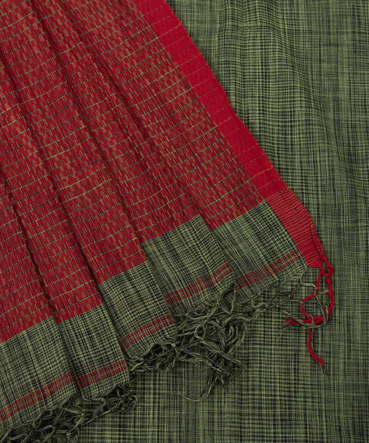 Olive green and red handwoven cotton tie dye saree
