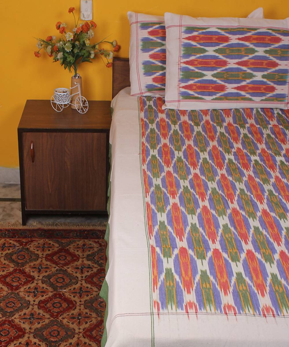 Green Orange Handwoven Ikat Cotton Bedsheet
