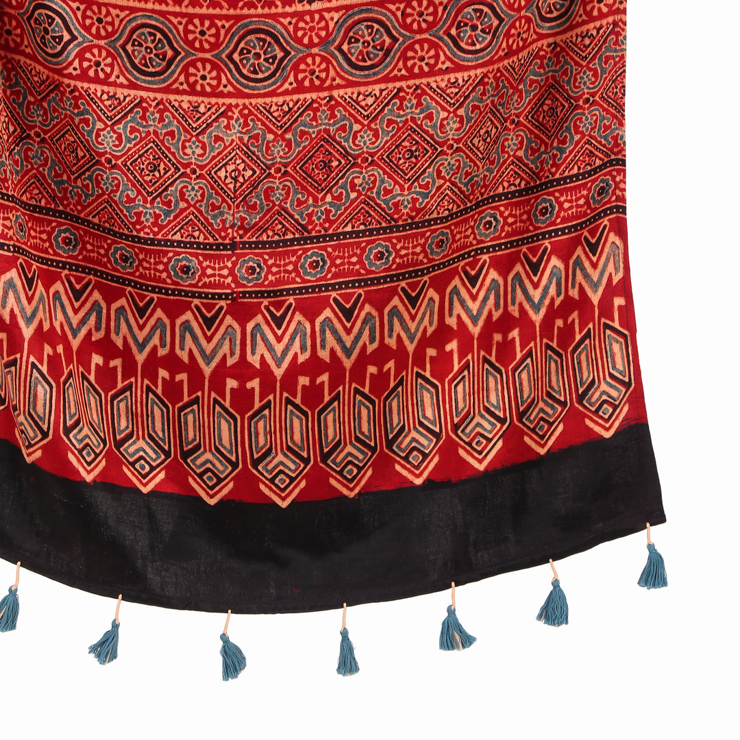 Red hand print cotton mashru silk ajrakh stole