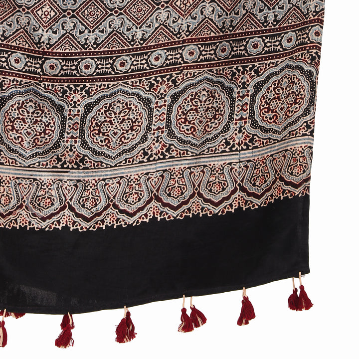 Black hand printed cotton mashru silk ajrakh stole