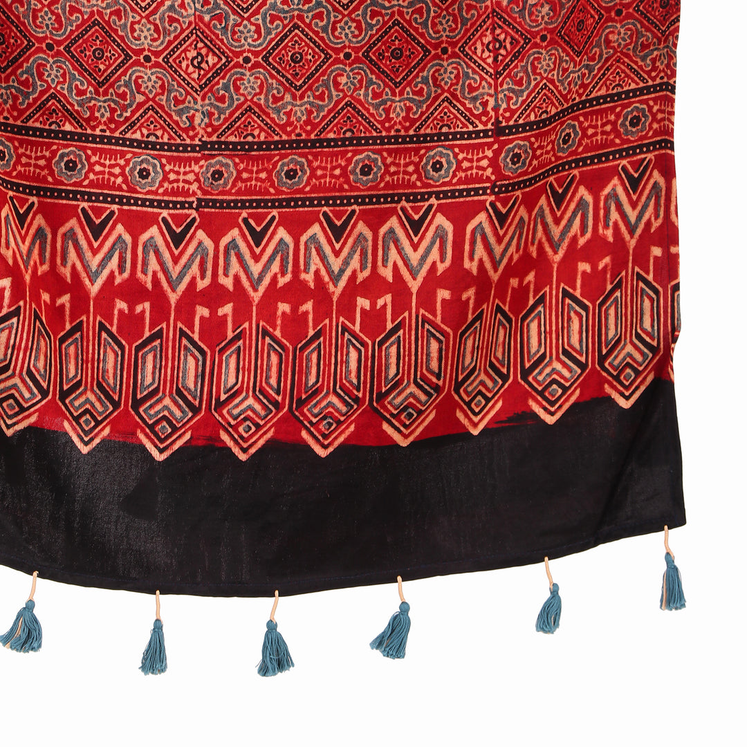 Dark red hand printed cotton mashru silk ajrakh stole