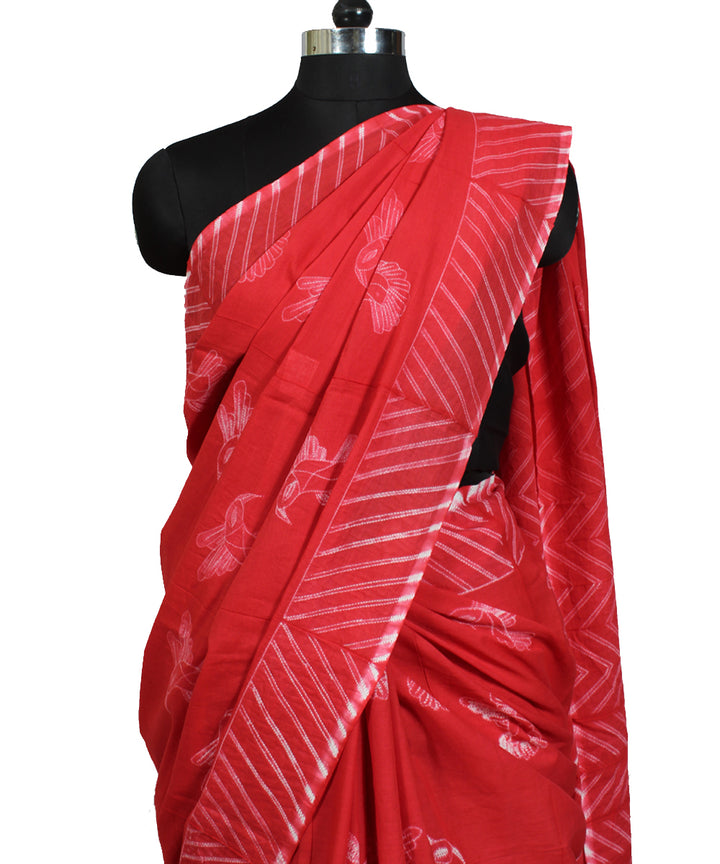 Red cotton tie dye shibori saree