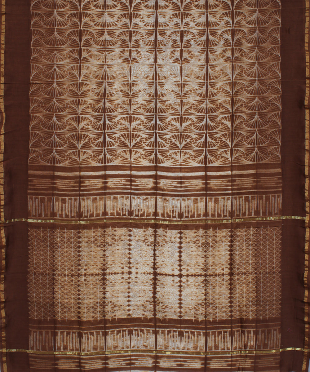 Brown and white chanderi tie dye shibori saree