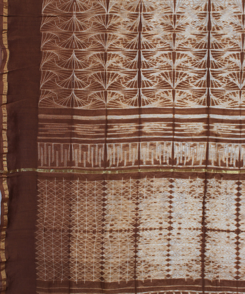Brown and white chanderi tie dye shibori saree