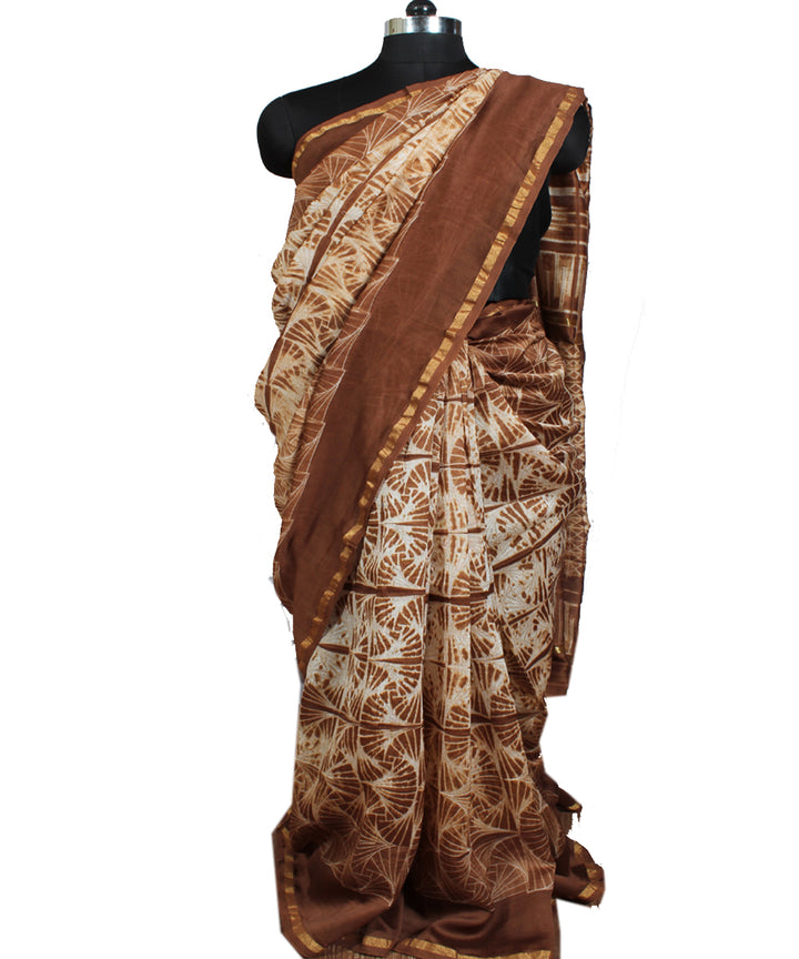 Brown and white chanderi tie dye shibori saree