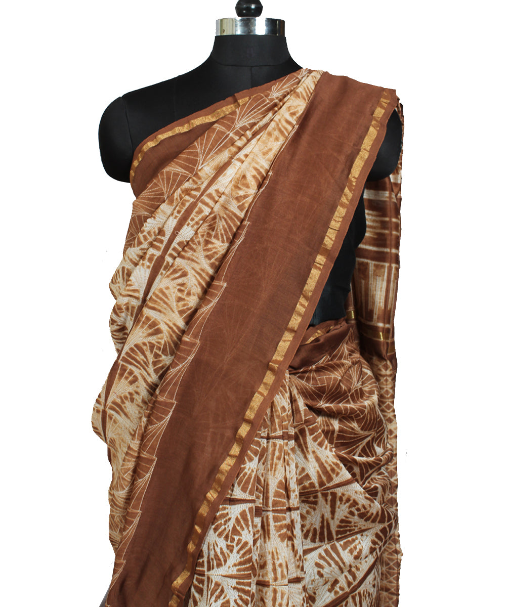 Brown and white chanderi tie dye shibori saree
