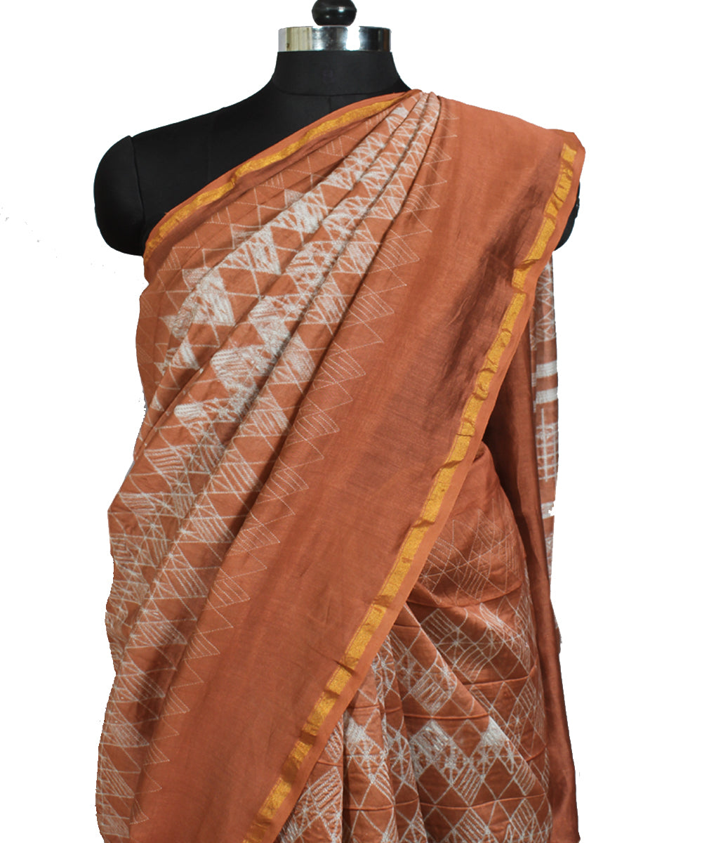 Brown chanderi tie dye shibori saree