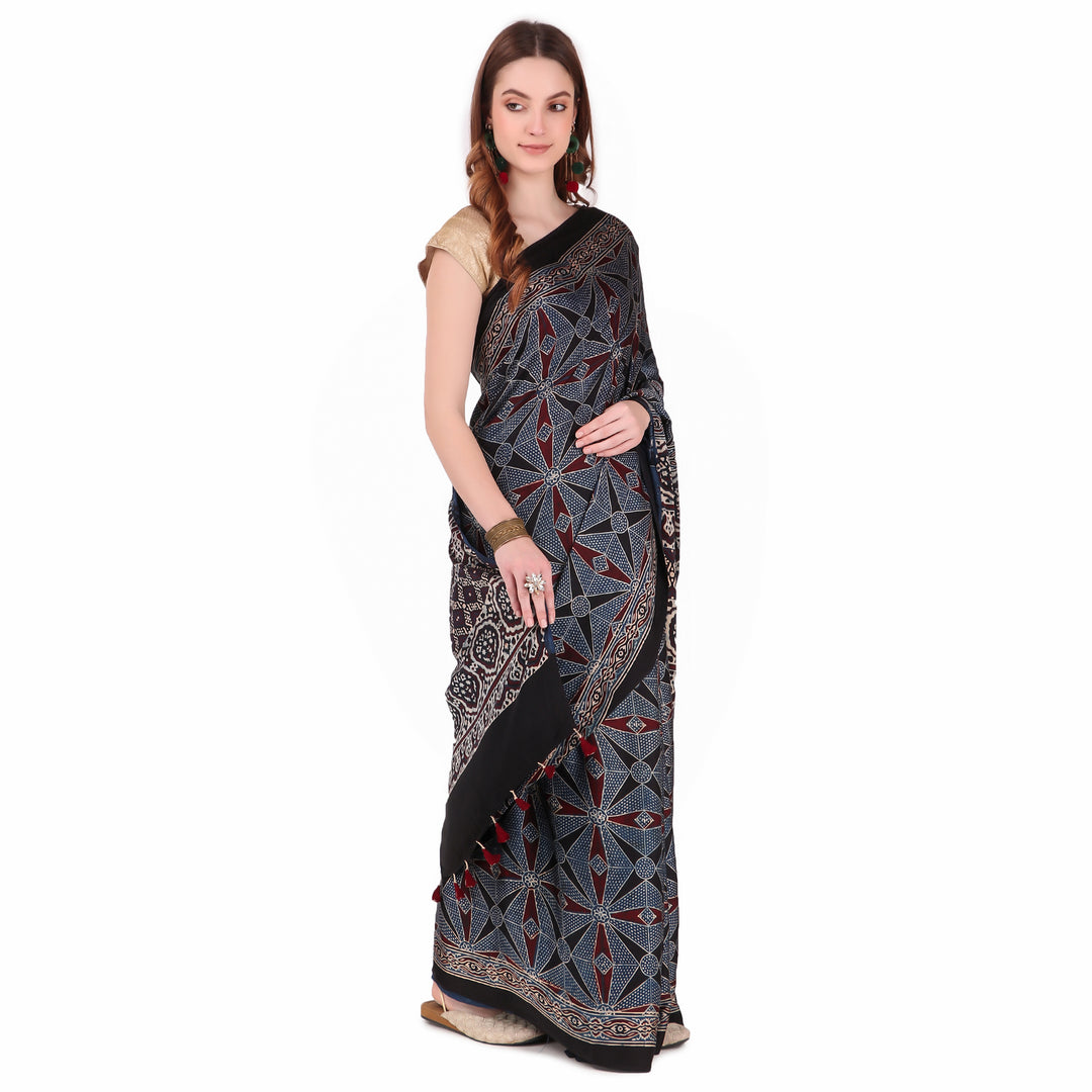 Multi color hand printed modal silk ajrakh saree