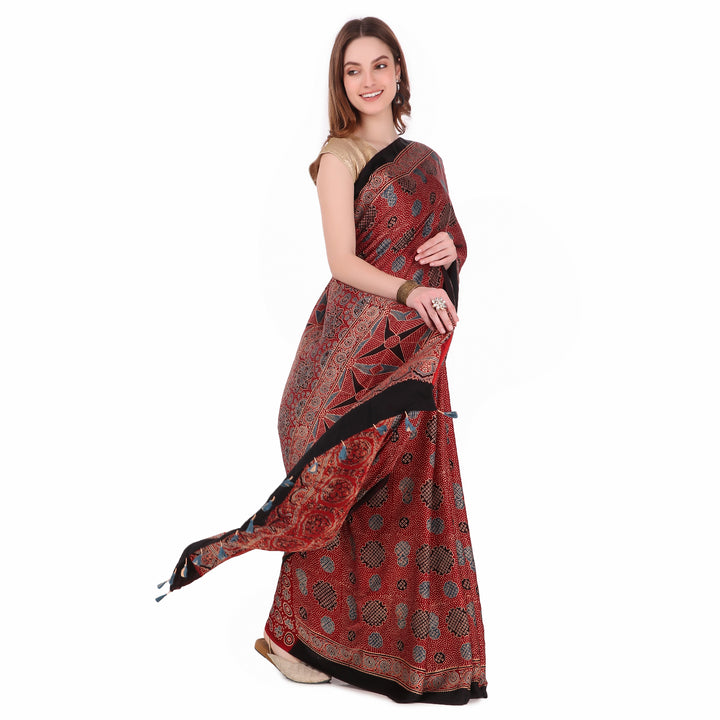 Red cream hand printed modal silk ajrakh saree