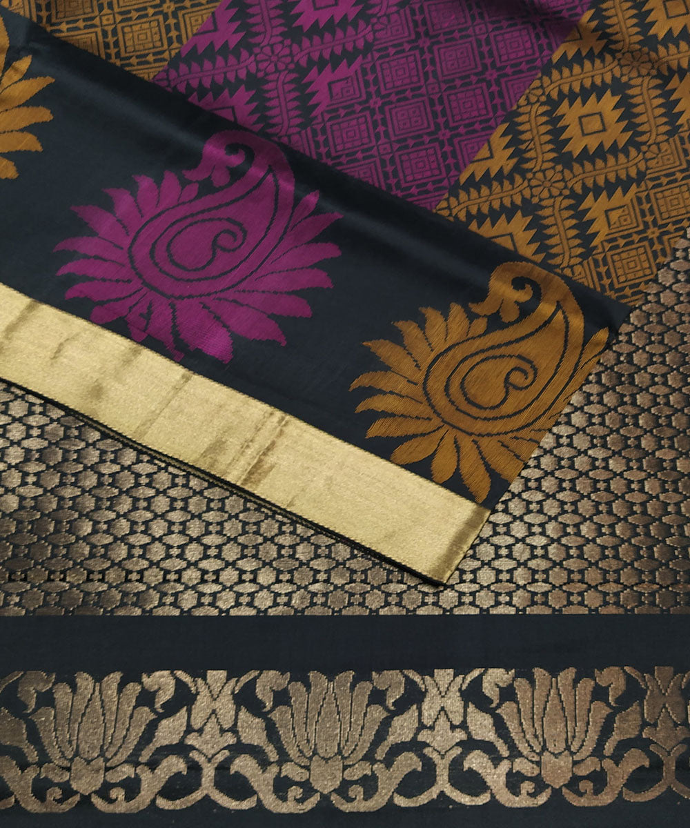 Black with purple and mustard handloom soft silk saree