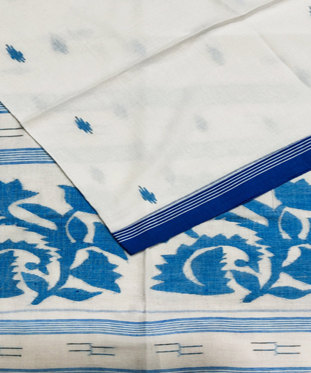 White blue handwoven mulmul cotton jamdani saree