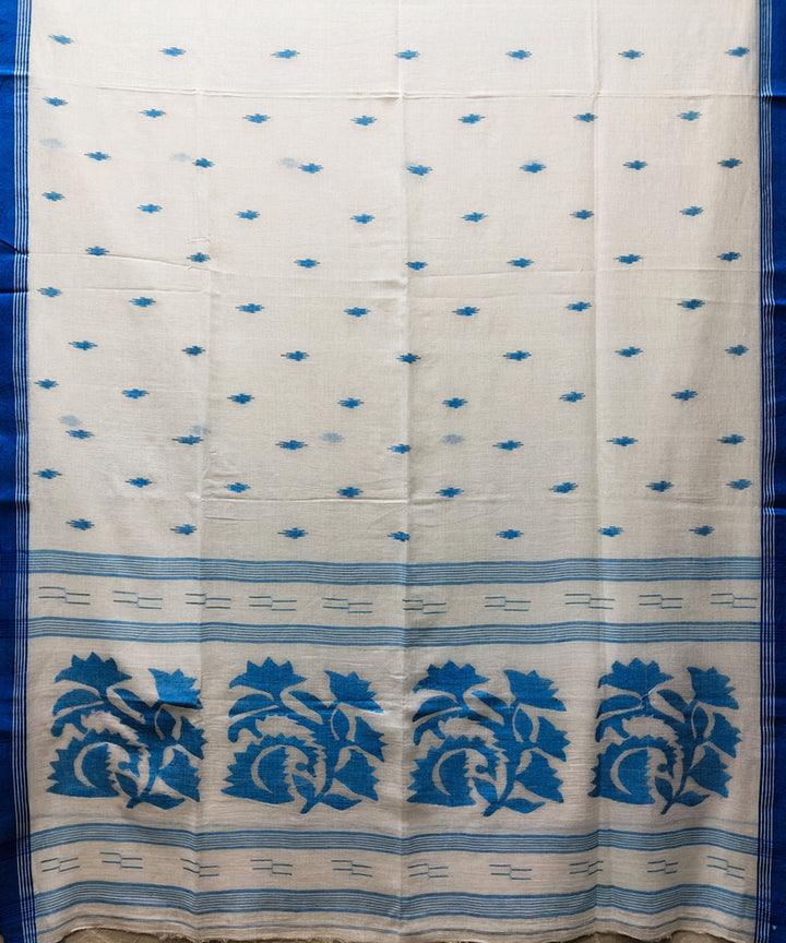 White blue handwoven mulmul cotton jamdani saree
