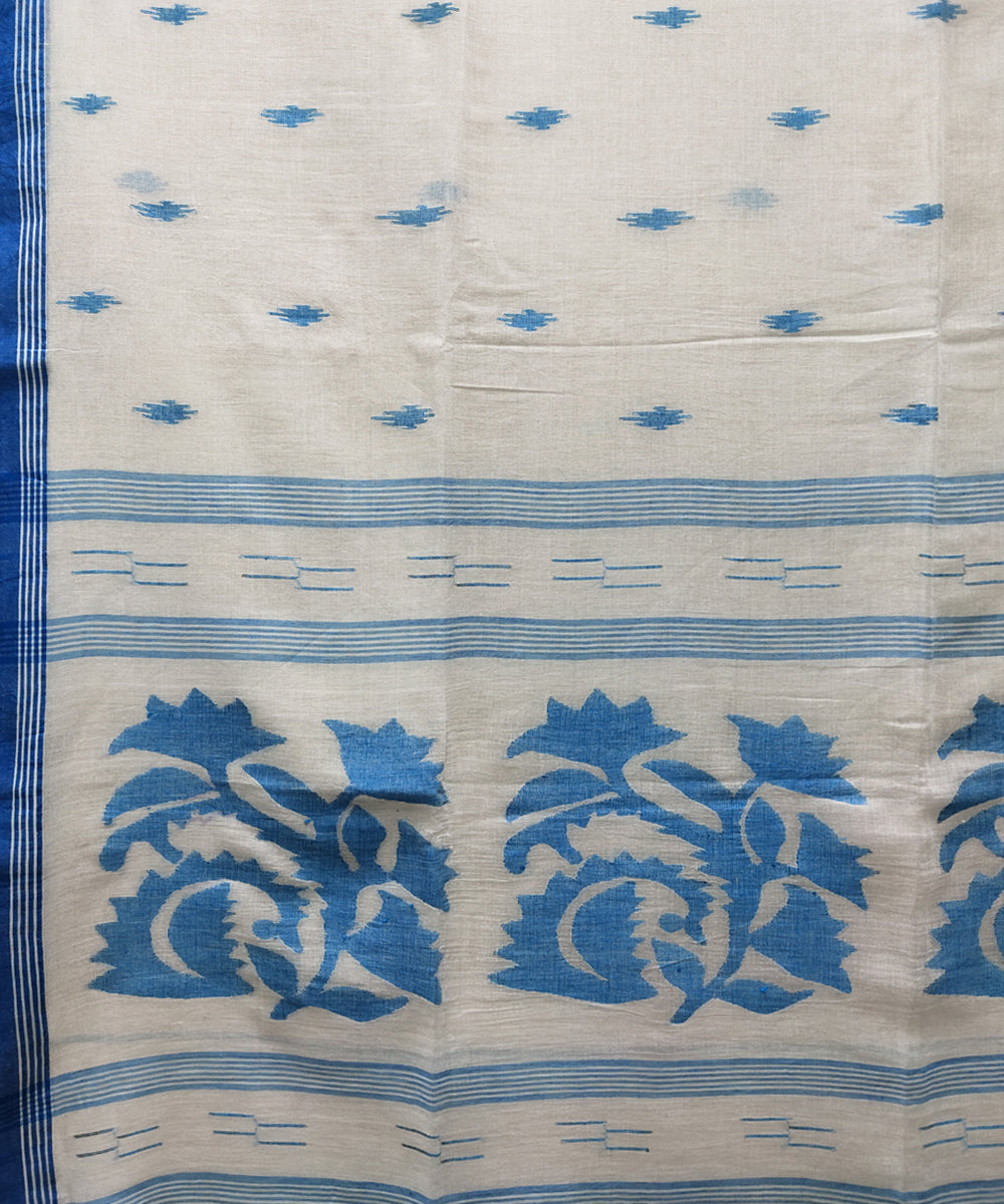 White blue handwoven mulmul cotton jamdani saree