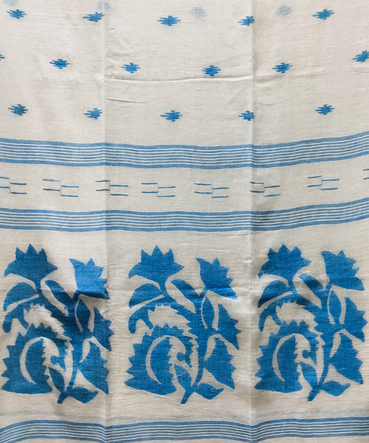 White blue handwoven mulmul cotton jamdani saree