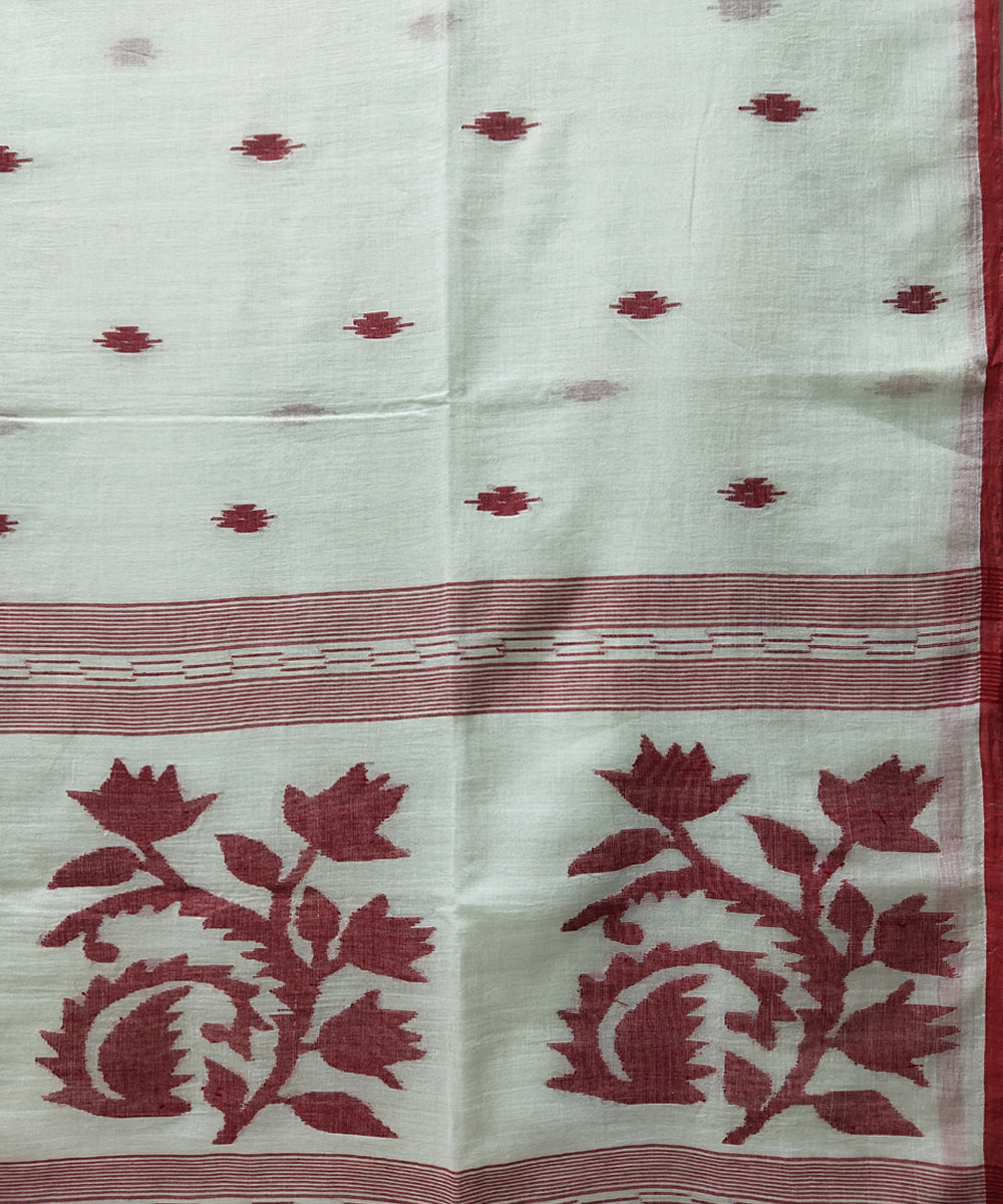 Offwhite red handwoven mulmul cotton jamdani saree