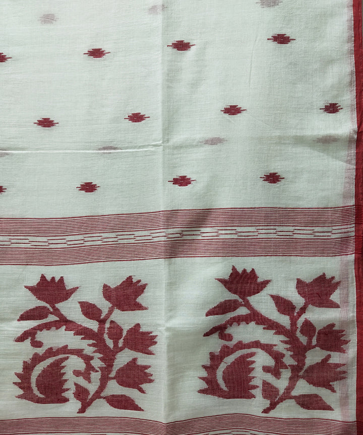 Offwhite red handwoven mulmul cotton jamdani saree