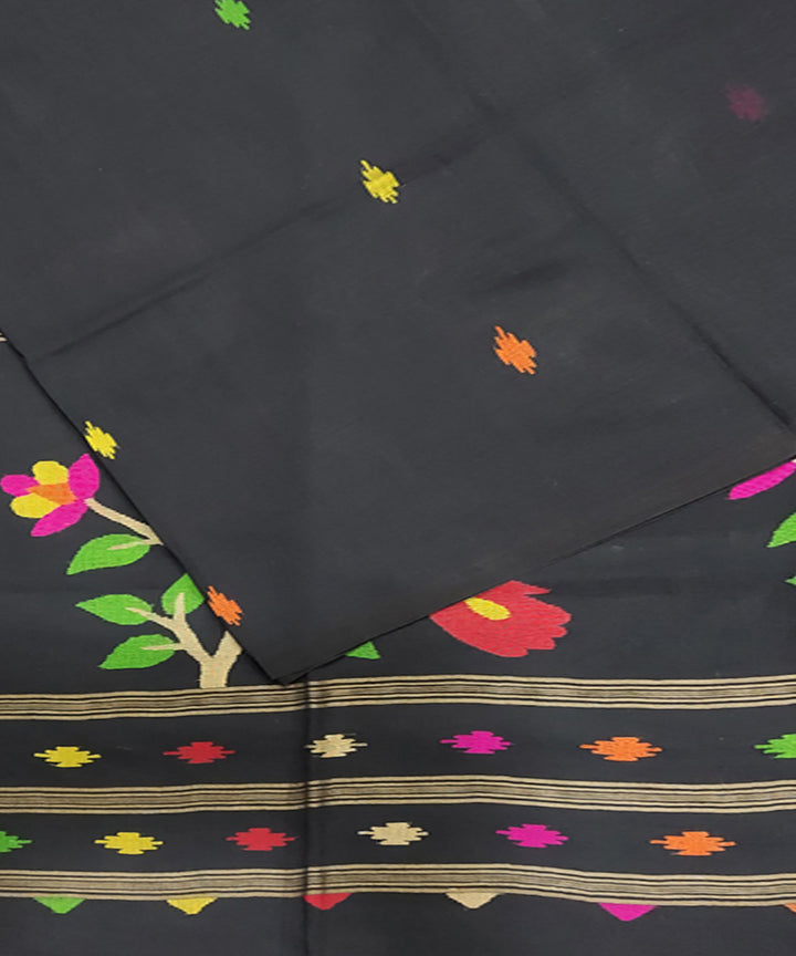 Black multicolor handwoven mulmul cotton jamdani saree
