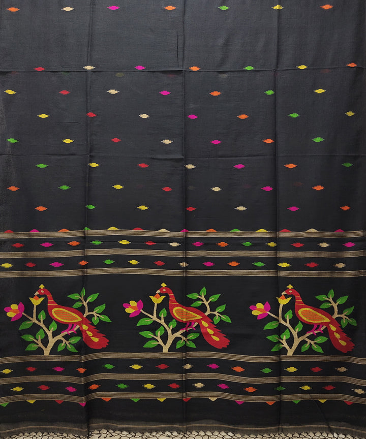 Black multicolor handwoven mulmul cotton jamdani saree