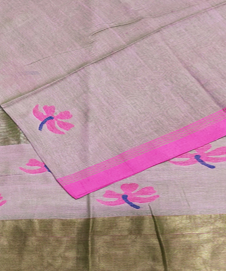 Double shade green pink handwoven mulmul cotton jamdani saree
