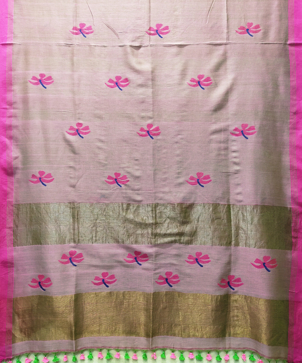 Double shade green pink handwoven mulmul cotton jamdani saree