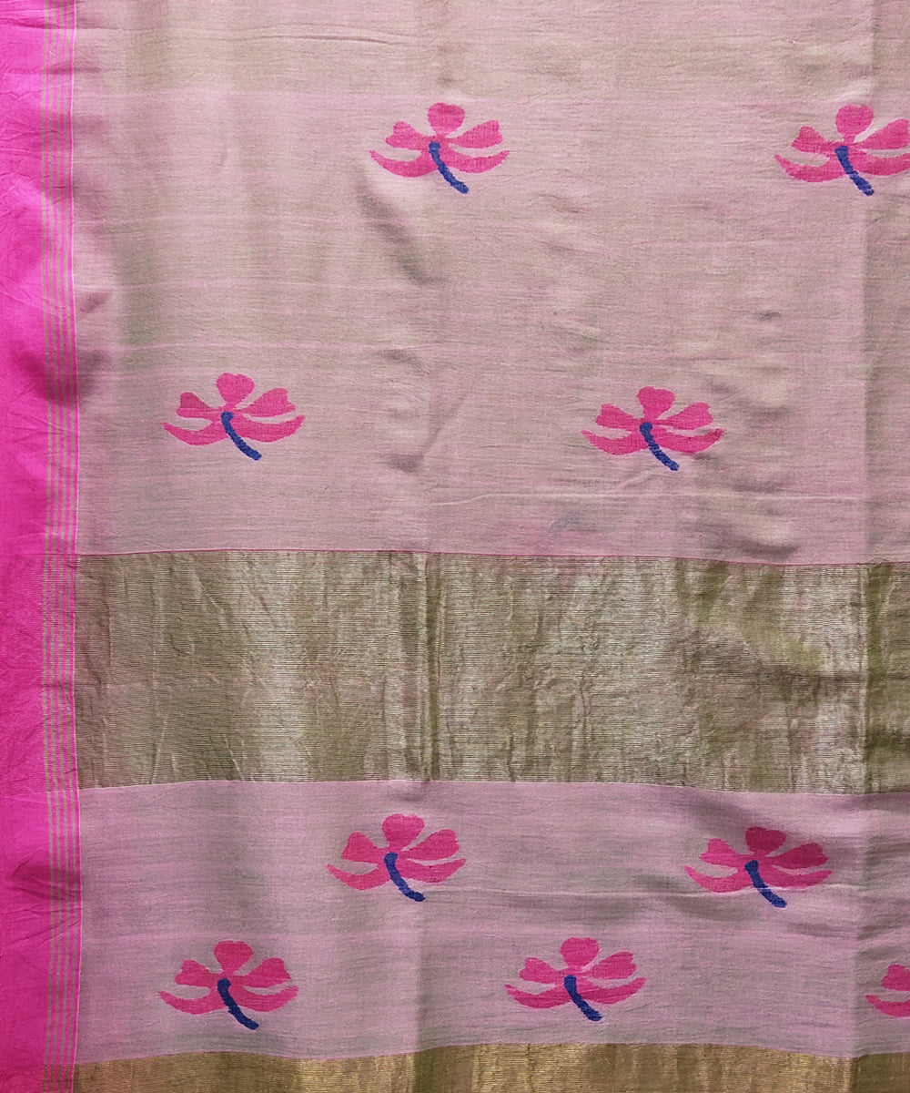 Double shade green pink handwoven mulmul cotton jamdani saree
