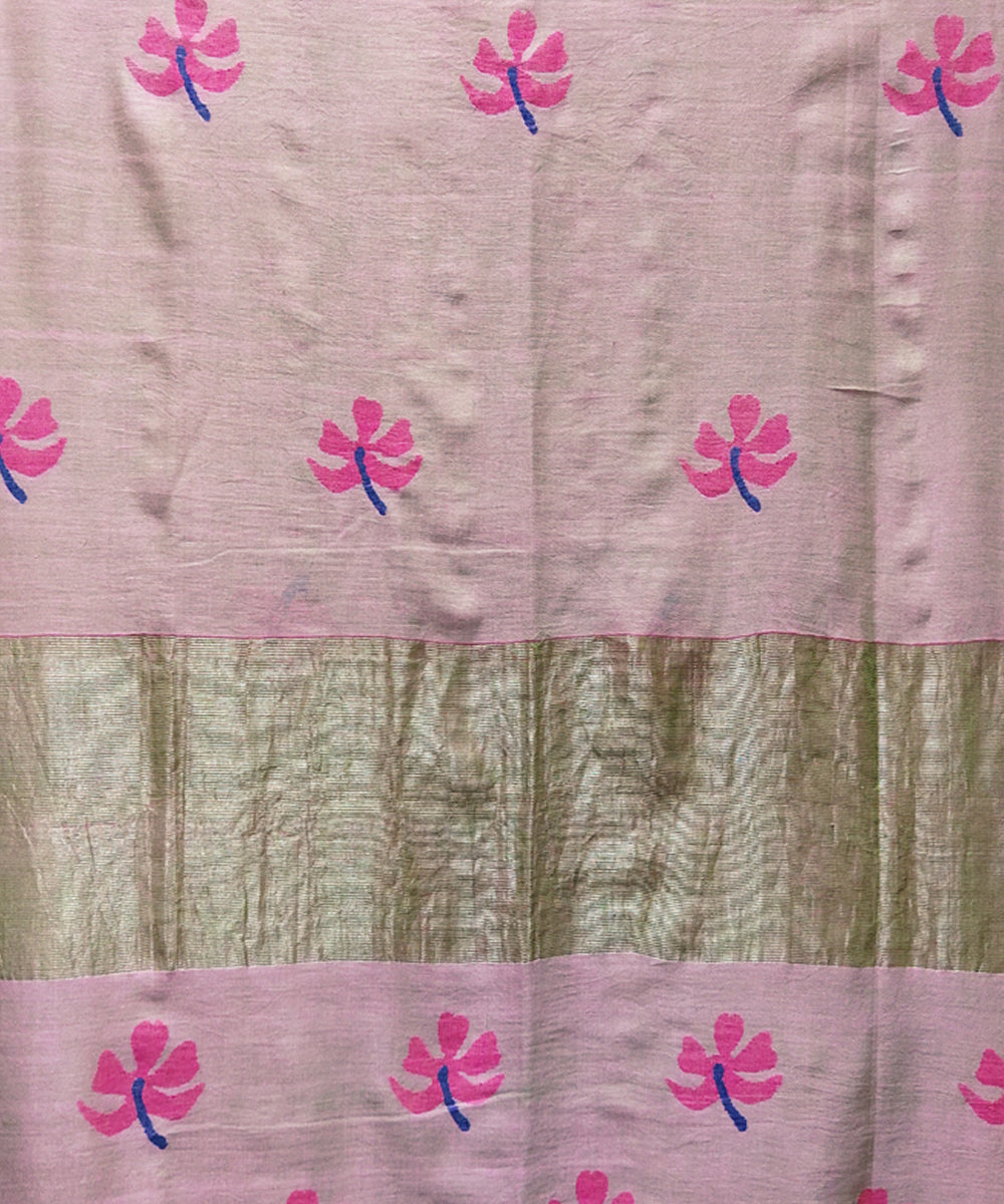 Double shade green pink handwoven mulmul cotton jamdani saree