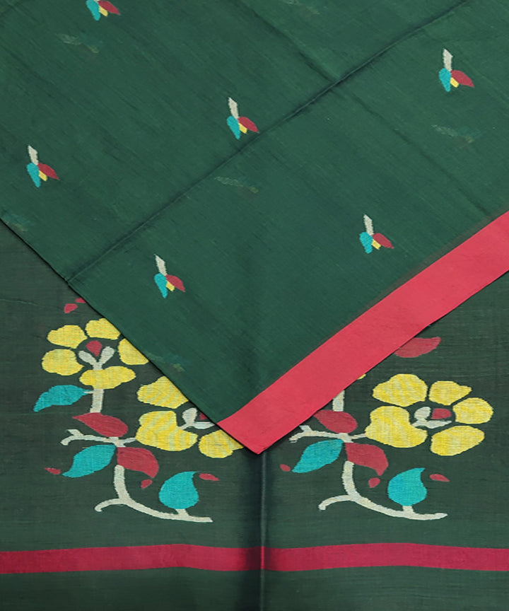 Bottle green red handwoven mulmul cotton jamdani saree