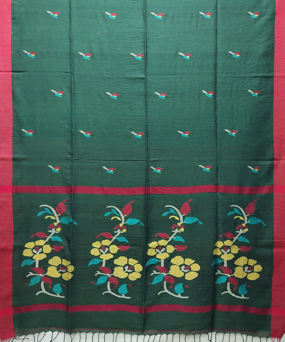 Bottle green red handwoven mulmul cotton jamdani saree