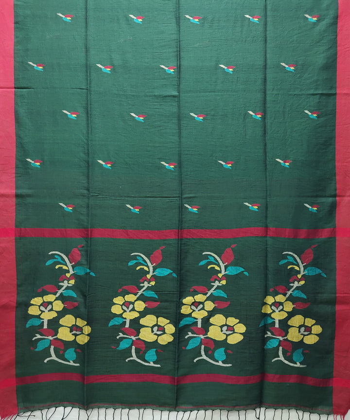 Bottle green red handwoven mulmul cotton jamdani saree