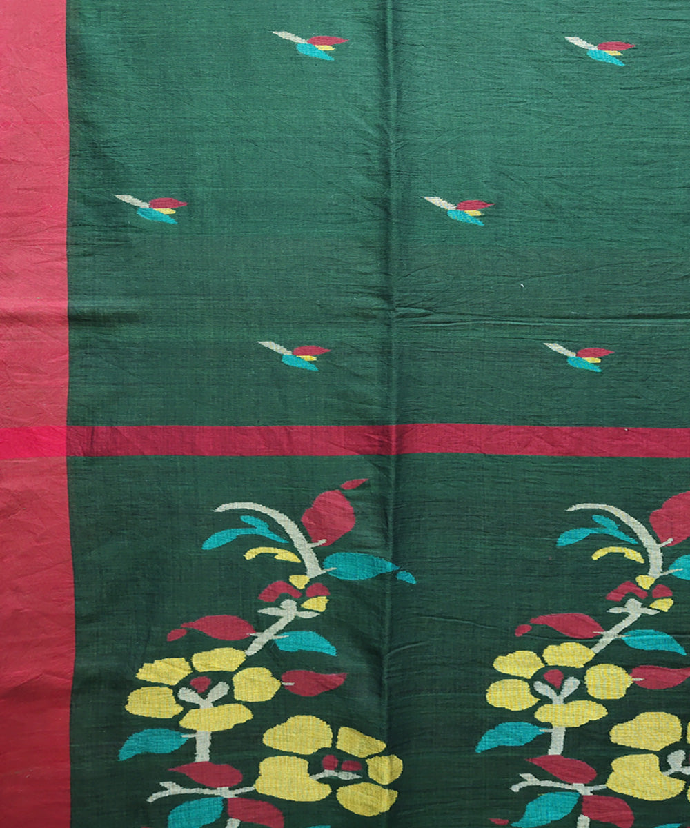 Bottle green red handwoven mulmul cotton jamdani saree