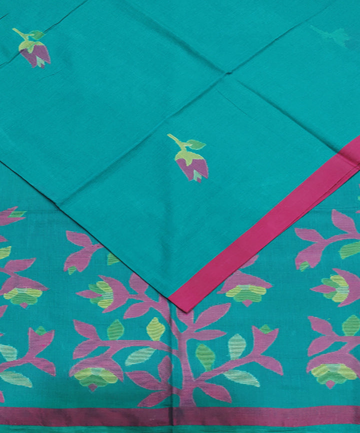 Teal pink handwoven mulmul cotton jamdani saree
